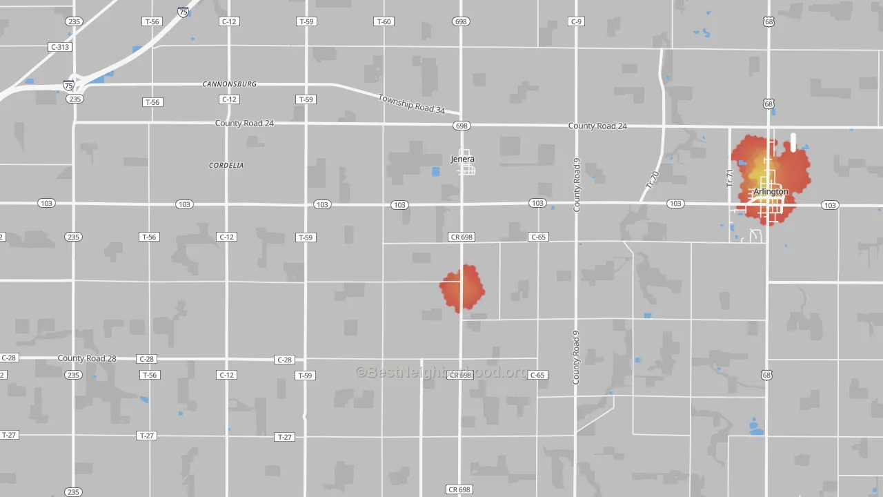 Walk Grade map of Jenera, OH, walkable areas in green and car-dependent areas in red