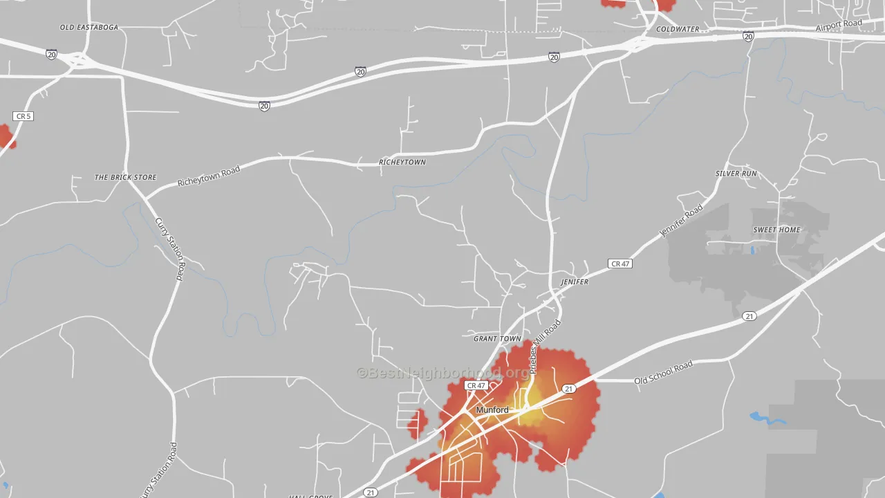 Walk Grade map of Jenifer, AL, walkable areas in green and car-dependent areas in red