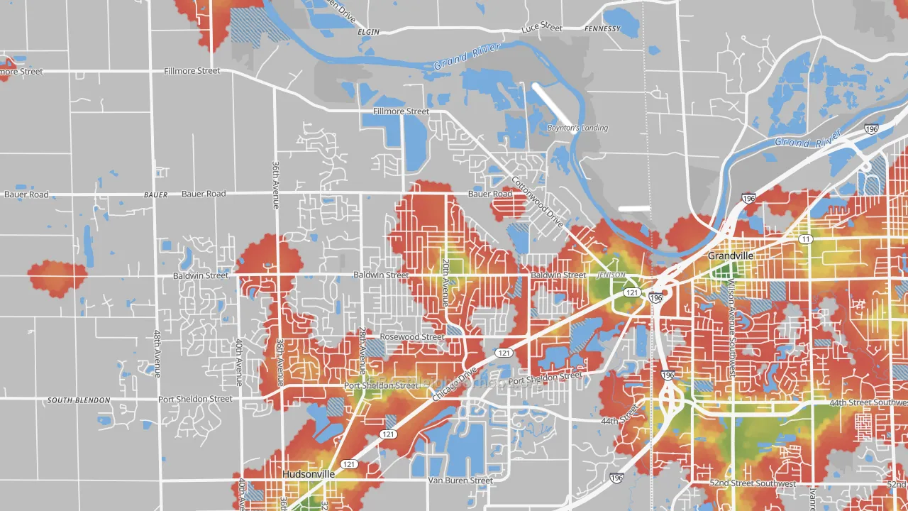 Walk Grade map of Jenison, MI, walkable areas in green and car-dependent areas in red