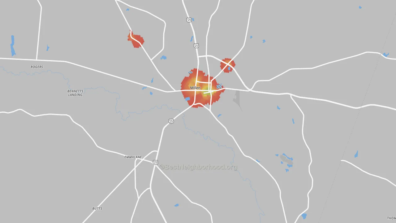 Walk Grade map of Jenkins County, GA, walkable areas in green and car-dependent areas in red