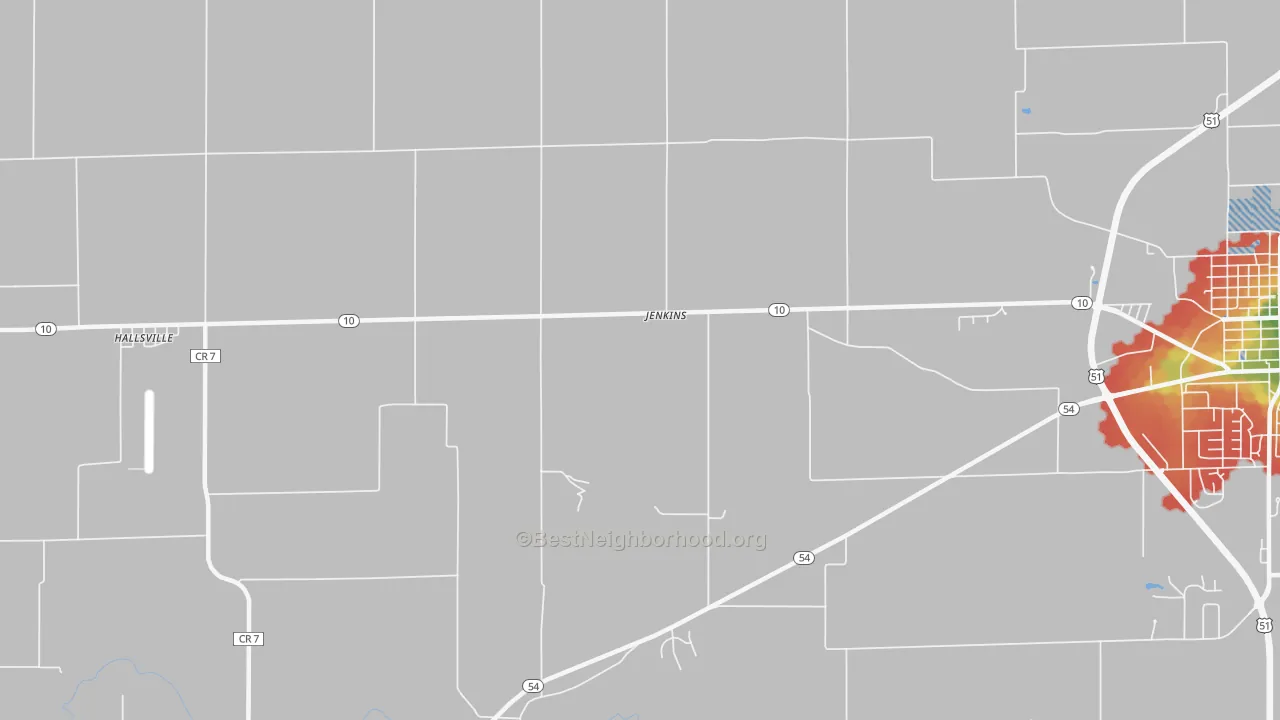 Walk Grade map of Jenkins, IL, walkable areas in green and car-dependent areas in red