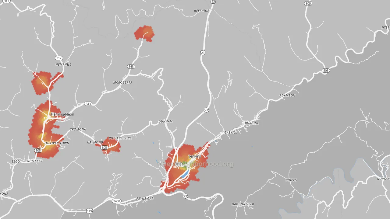 Walk Grade map of Jenkins, KY, walkable areas in green and car-dependent areas in red