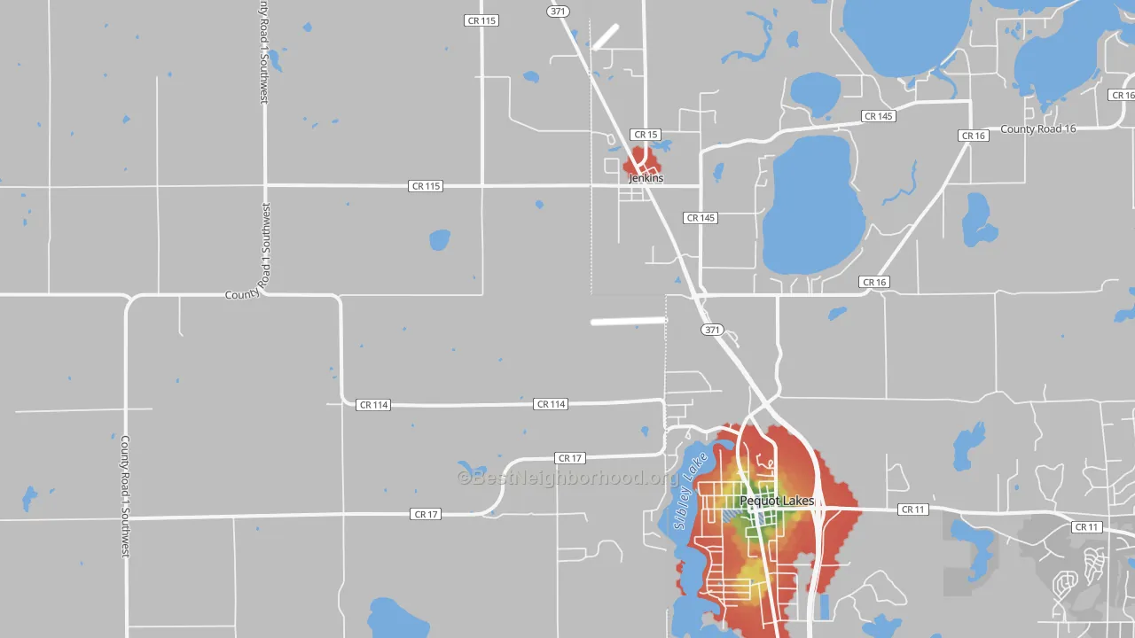 Walk Grade map of Jenkins, MN, walkable areas in green and car-dependent areas in red