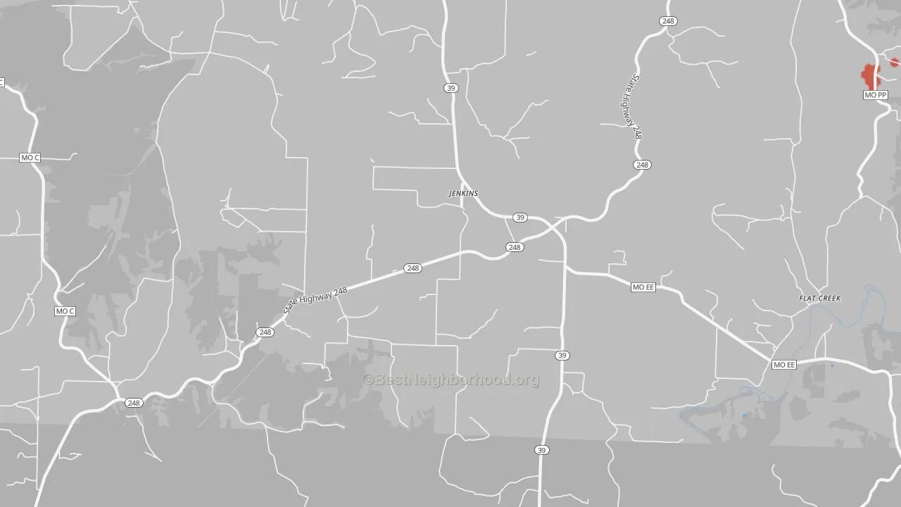 Walk Grade map of Jenkins, MO, walkable areas in green and car-dependent areas in red