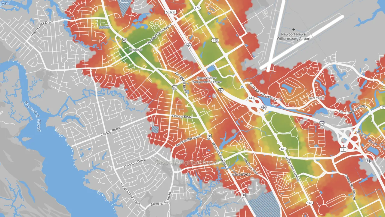 Walk Grade map of Jenkins, Newport News, VA, walkable areas in green and car-dependent areas in red