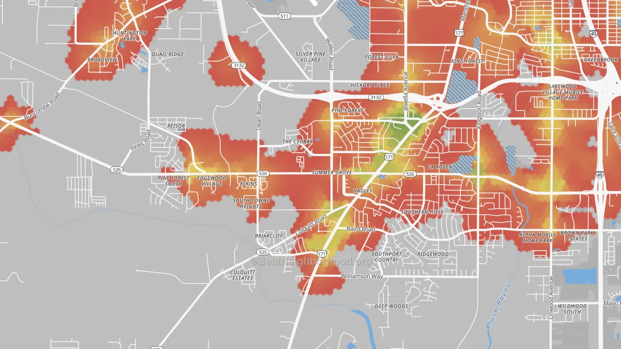 Walk Grade map of Jenkins-Pinecroft, Shreveport, LA, walkable areas in green and car-dependent areas in red