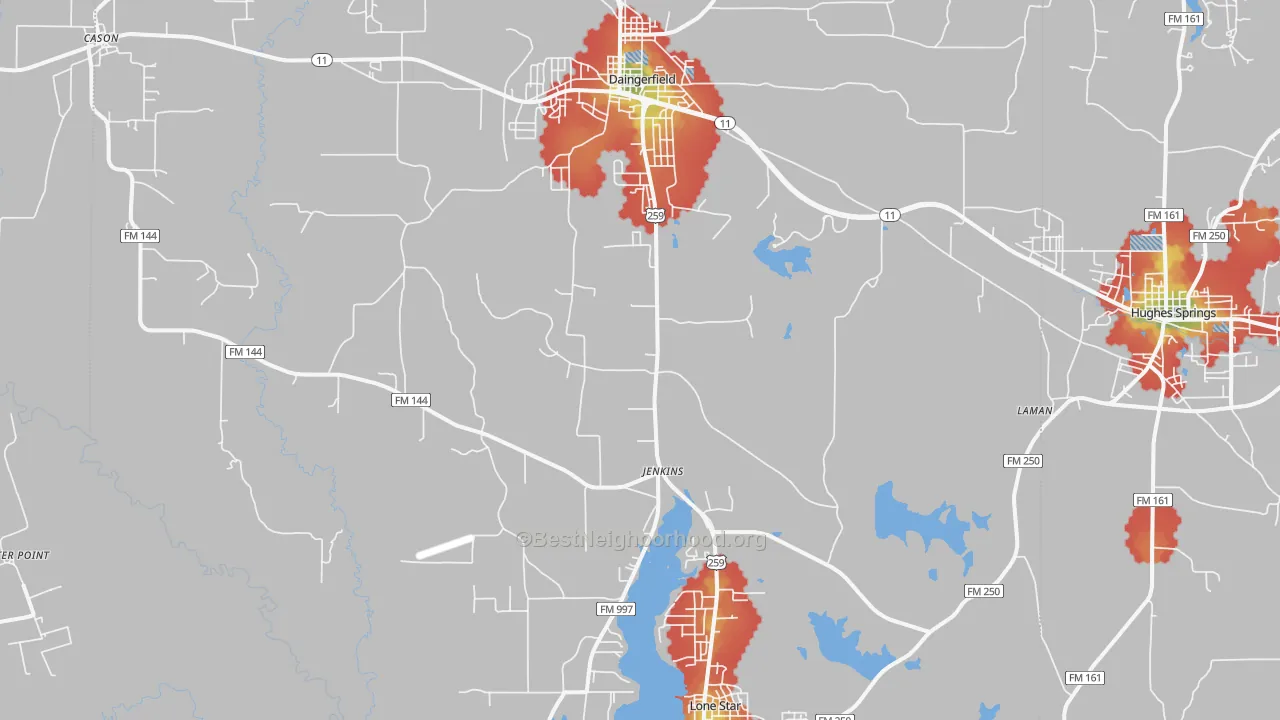 Walk Grade map of Jenkins, TX, walkable areas in green and car-dependent areas in red