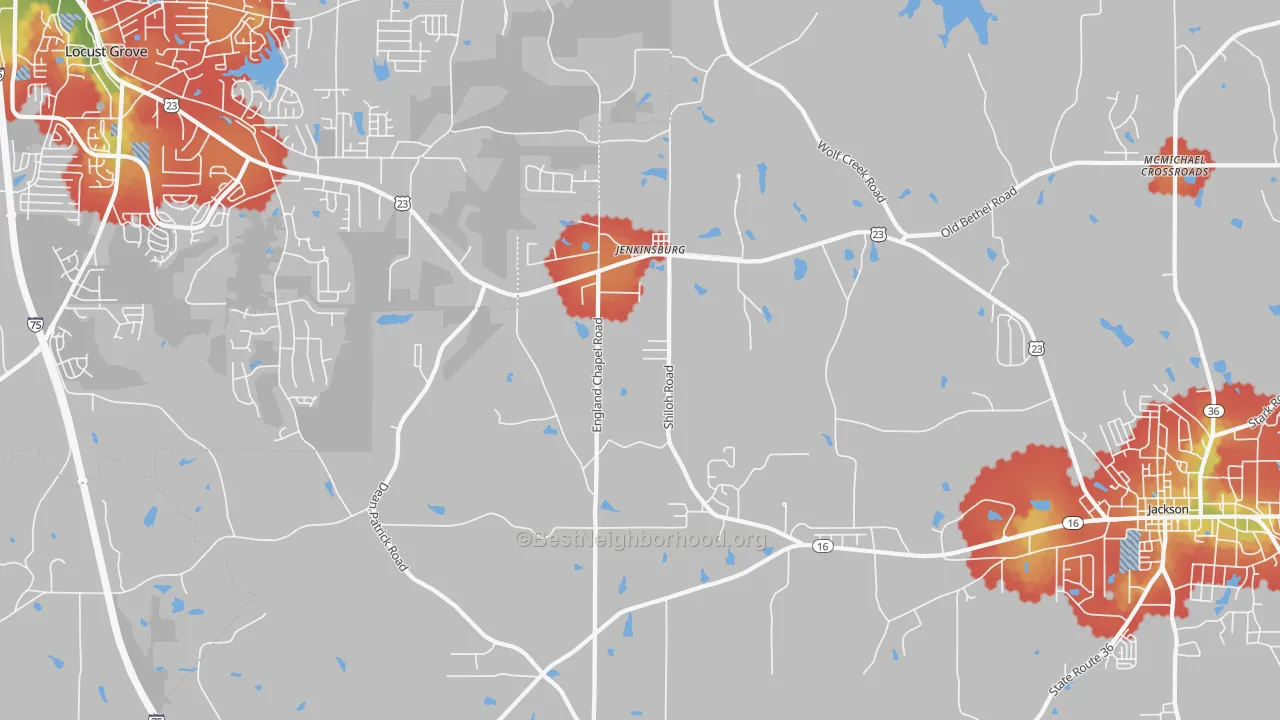 Walk Grade map of Jenkinsburg, GA, walkable areas in green and car-dependent areas in red