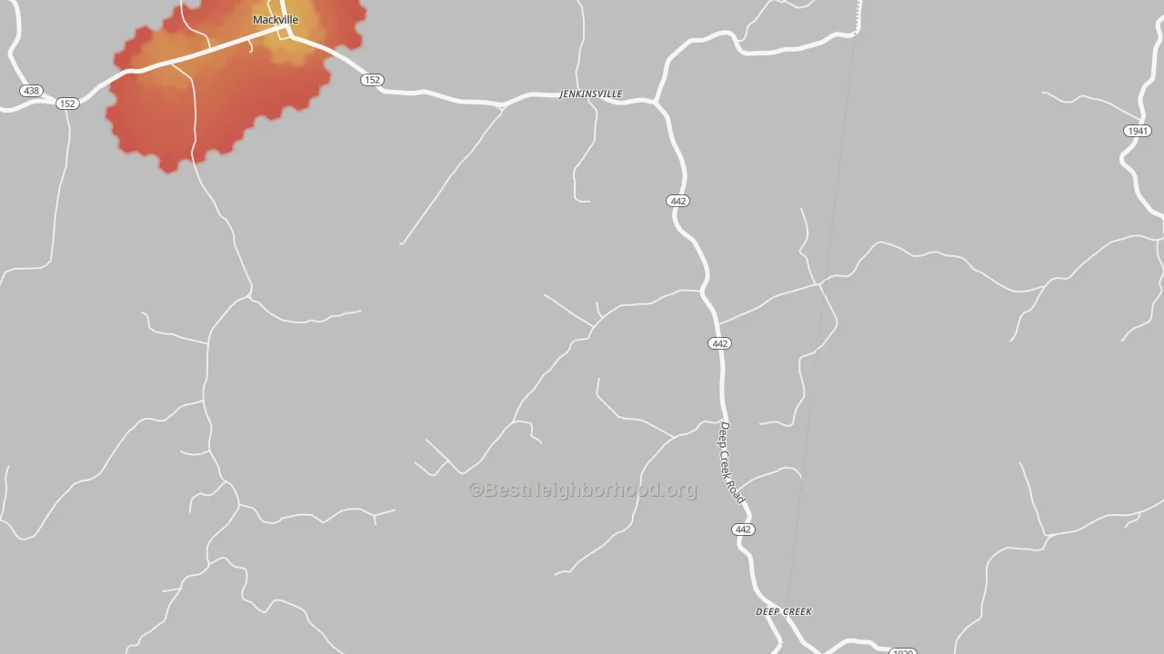 Walk Grade map of Jenkinsville, KY, walkable areas in green and car-dependent areas in red