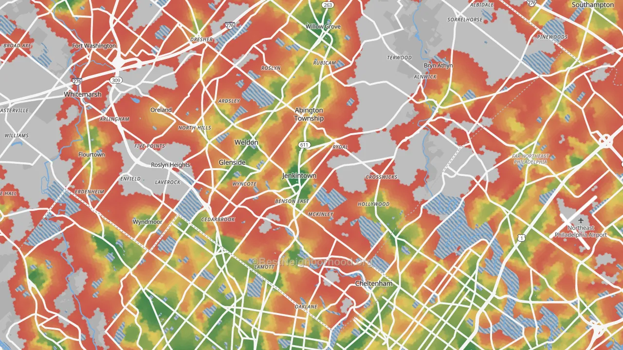 Walk Grade map of Jenkintown, PA, walkable areas in green and car-dependent areas in red