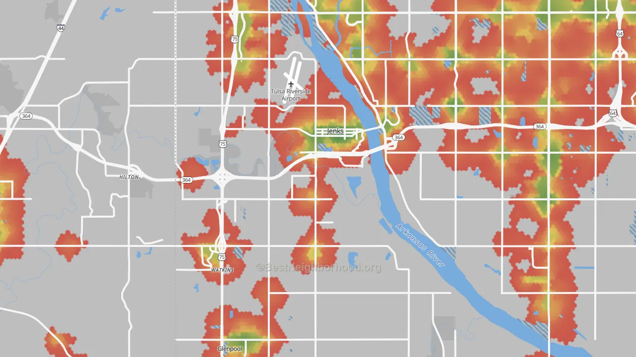 Walk Grade map of Jenks, OK, walkable areas in green and car-dependent areas in red