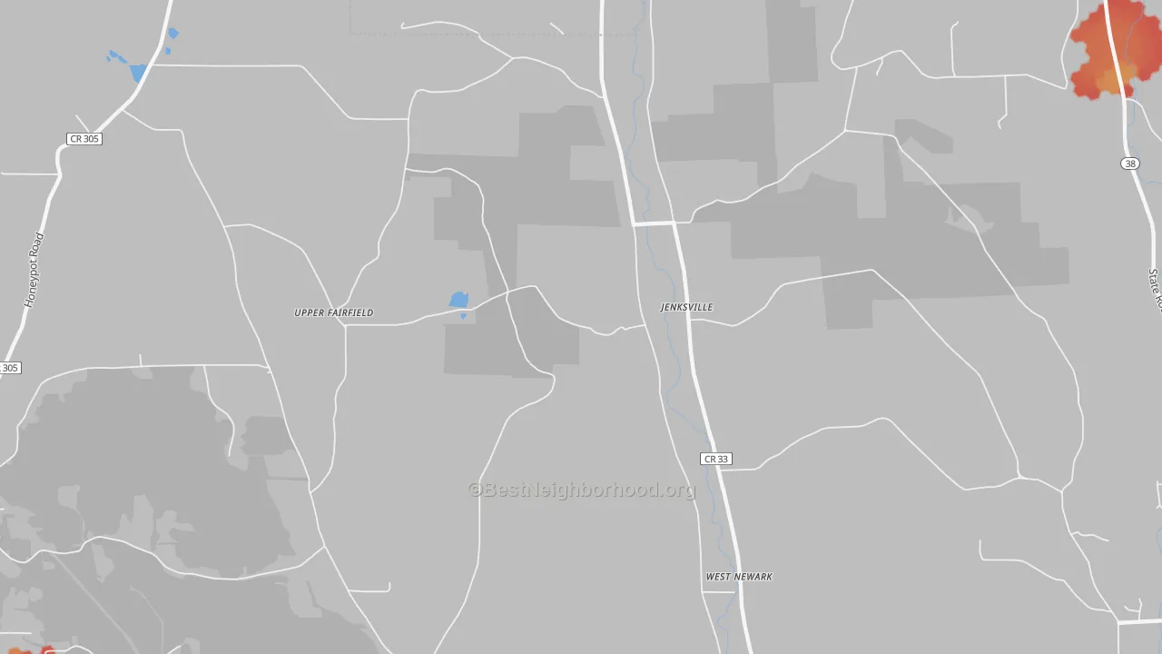 Walk Grade map of Jenksville, NY, walkable areas in green and car-dependent areas in red
