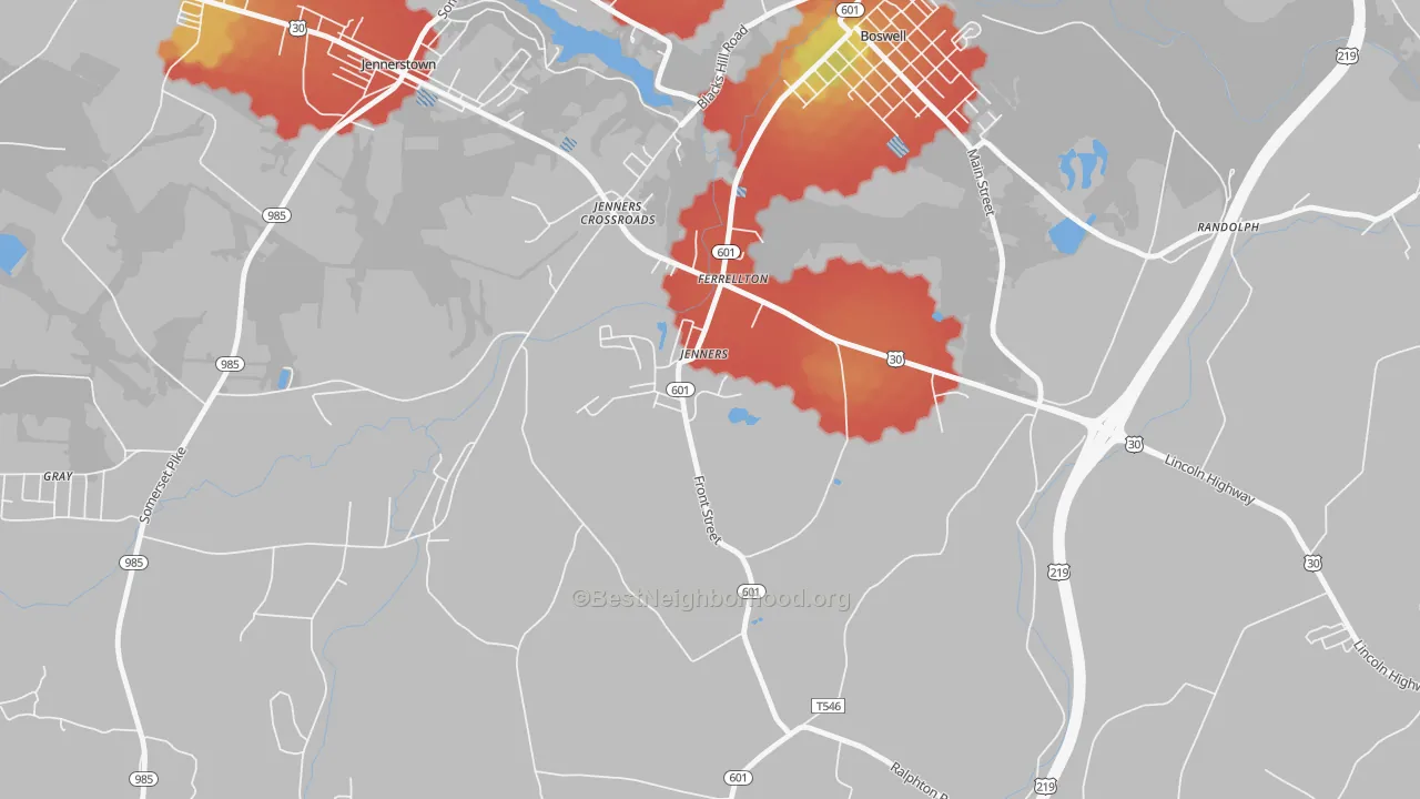 Walk Grade map of Jenners, PA, walkable areas in green and car-dependent areas in red