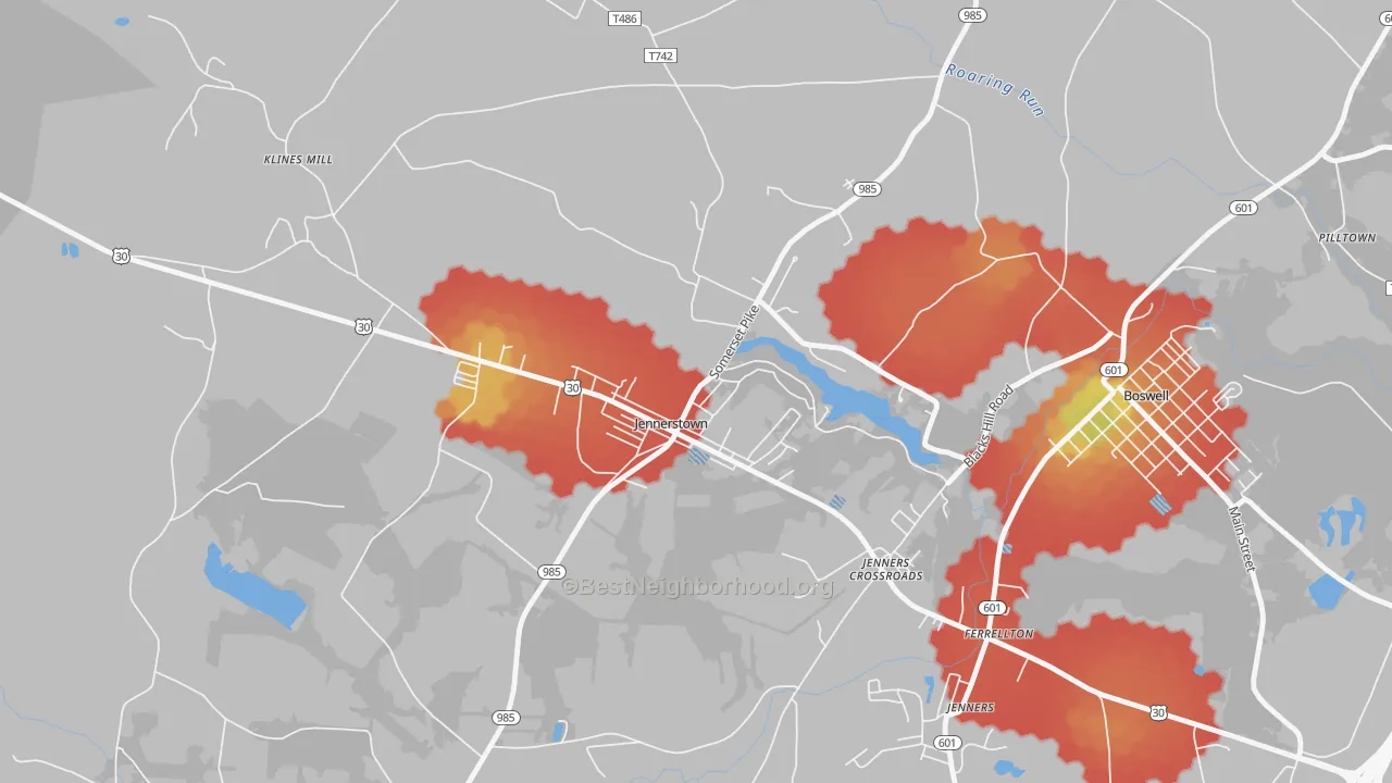 Walk Grade map of Jennerstown, PA, walkable areas in green and car-dependent areas in red