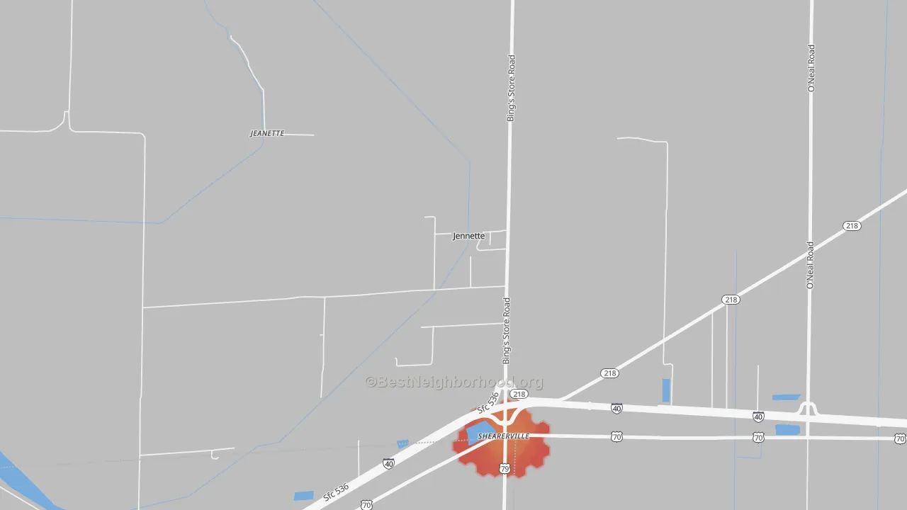 Walk Grade map of Jennette, AR, walkable areas in green and car-dependent areas in red