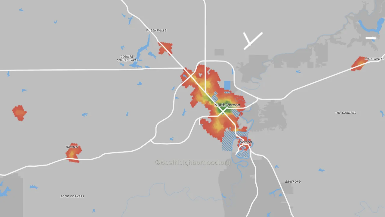 Walk Grade map of Jennings County, IN, walkable areas in green and car-dependent areas in red