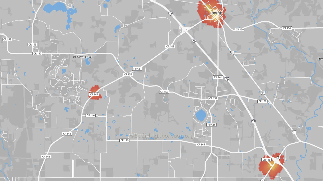Walk Grade map of Jennings, FL, walkable areas in green and car-dependent areas in red