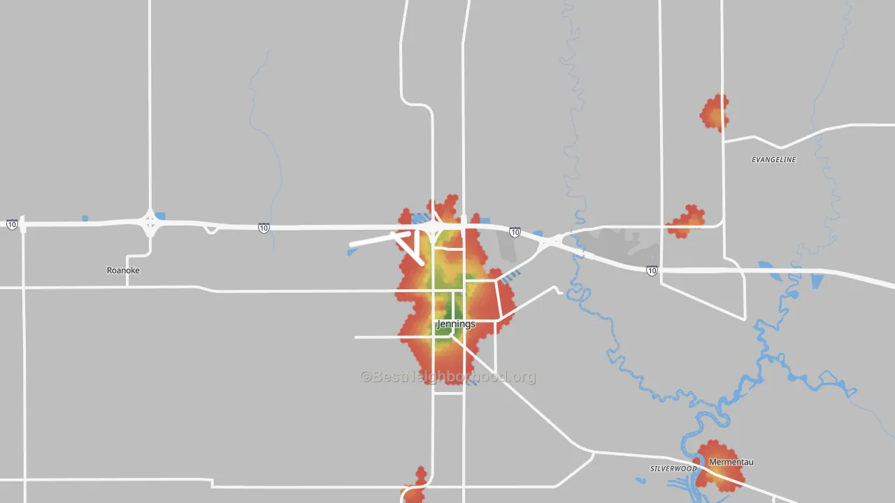 Walk Grade map of Jennings, LA, walkable areas in green and car-dependent areas in red