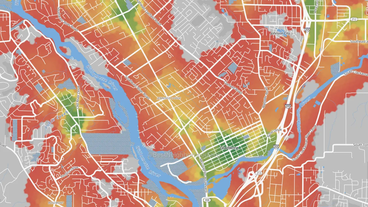 Walk Grade map of Jennings Lodge, Portland, OR, walkable areas in green and car-dependent areas in red