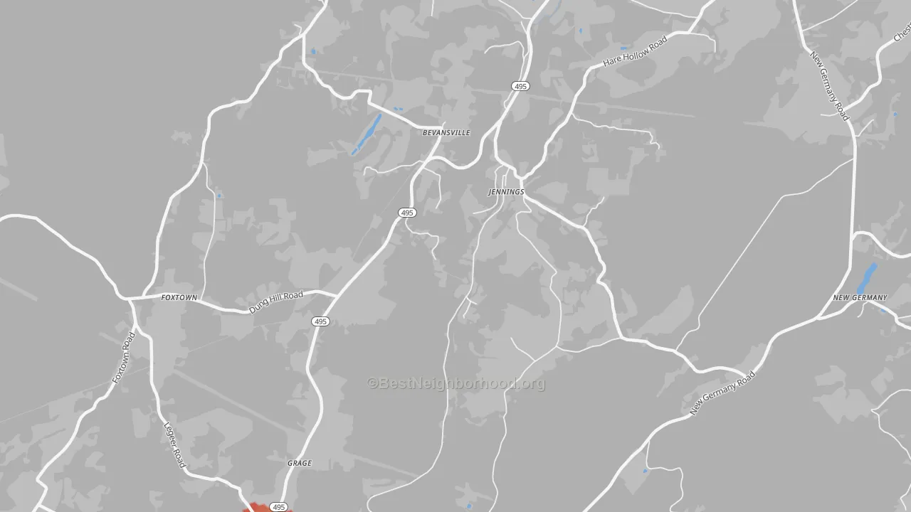 Walk Grade map of Jennings, MD, walkable areas in green and car-dependent areas in red