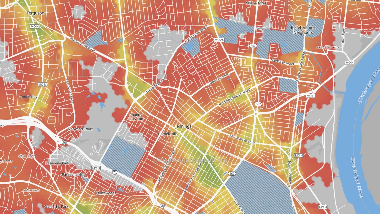 Walk Grade map of Jennings, MO, walkable areas in green and car-dependent areas in red