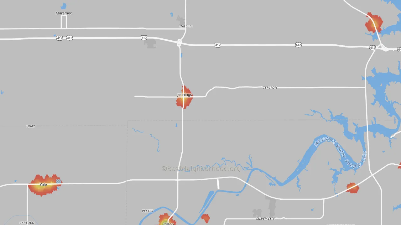 Walk Grade map of Jennings, OK, walkable areas in green and car-dependent areas in red