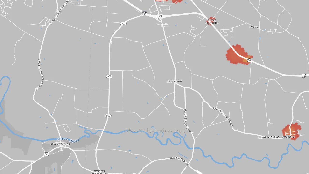 Walk Grade map of Jenny Lind, NC, walkable areas in green and car-dependent areas in red