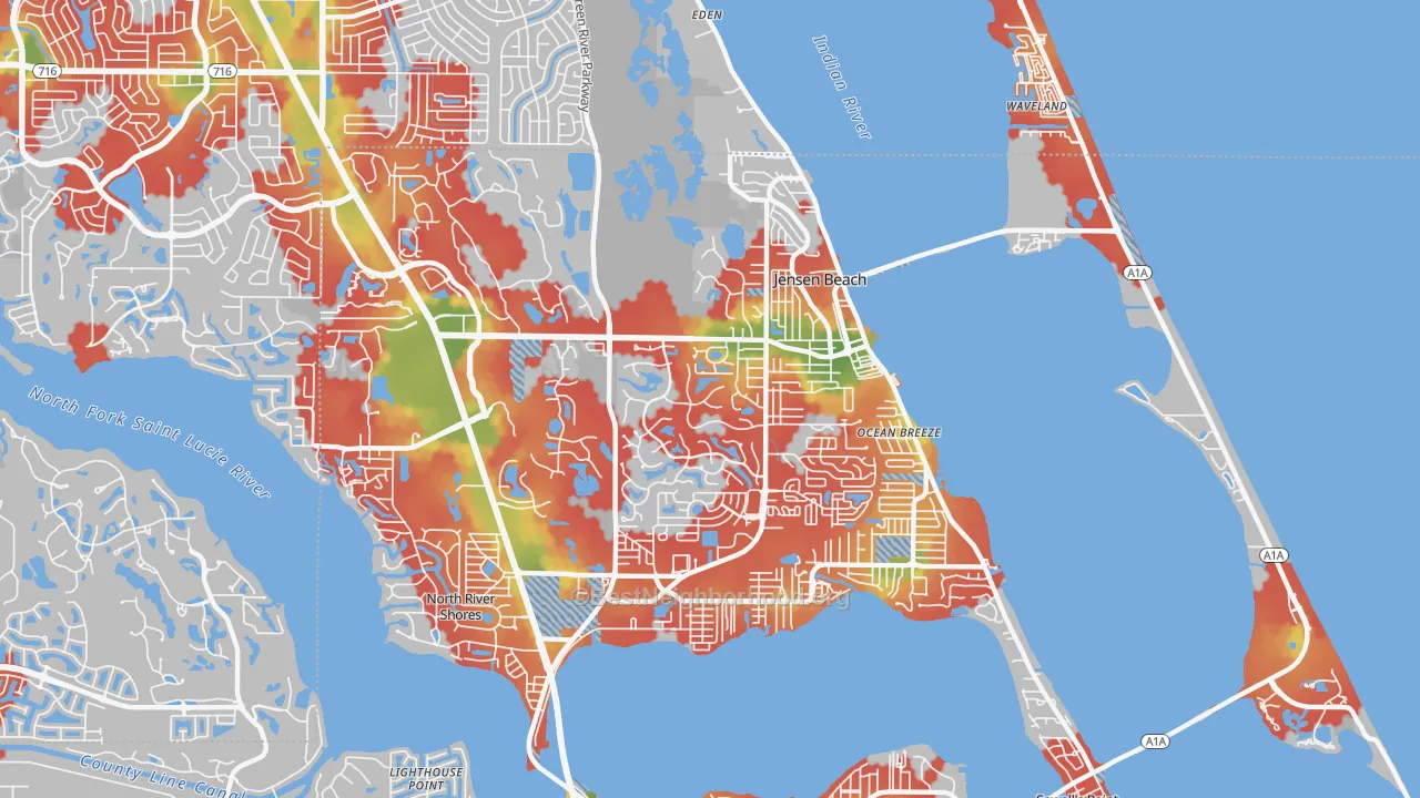 Walk Grade map of Jensen Beach, FL, walkable areas in green and car-dependent areas in red