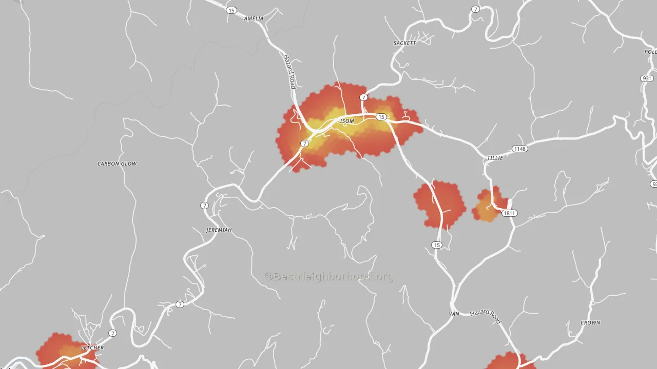 Walk Grade map of Jeremiah, KY, walkable areas in green and car-dependent areas in red