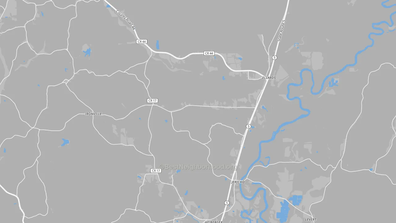 Walk Grade map of Jericho, AL, walkable areas in green and car-dependent areas in red
