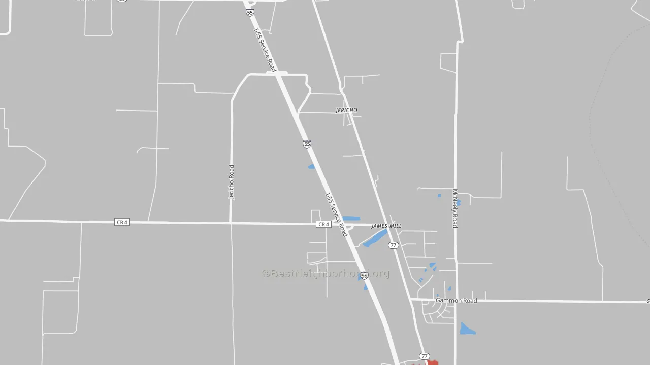 Walk Grade map of Jericho, AR, walkable areas in green and car-dependent areas in red