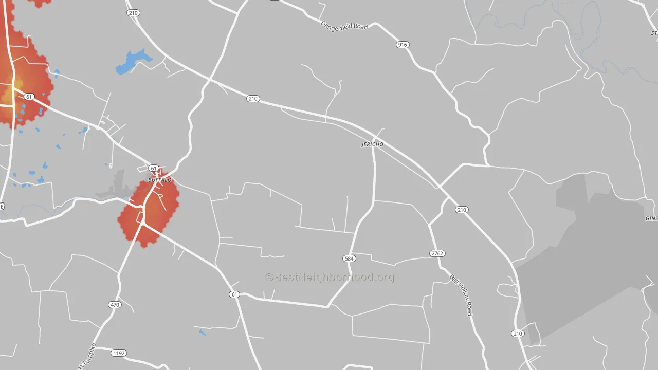 Walk Grade map of Jericho, KY, walkable areas in green and car-dependent areas in red