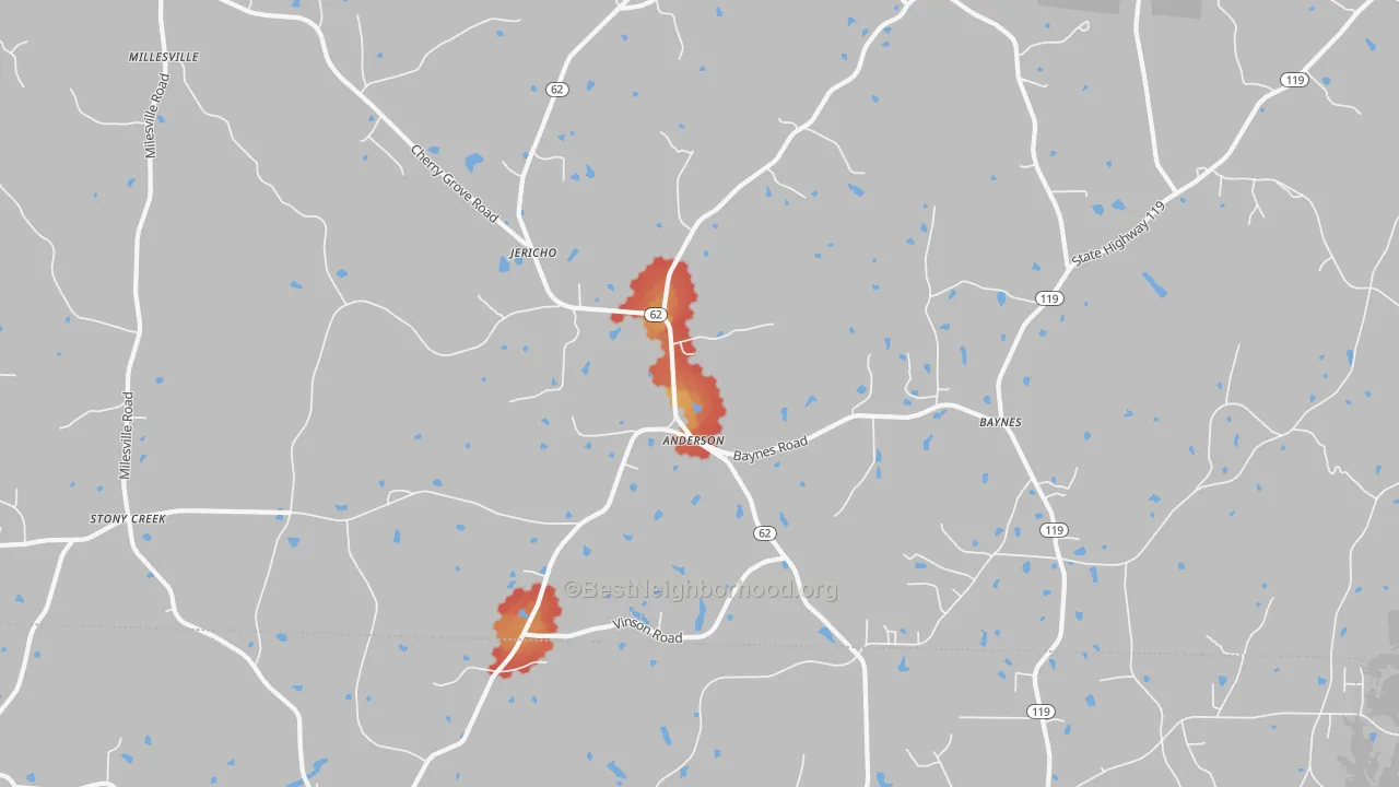 Walk Grade map of Jericho, NC, walkable areas in green and car-dependent areas in red