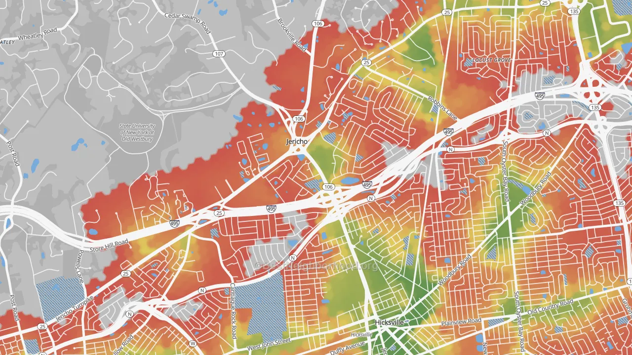 Walk Grade map of Jericho, NY, walkable areas in green and car-dependent areas in red
