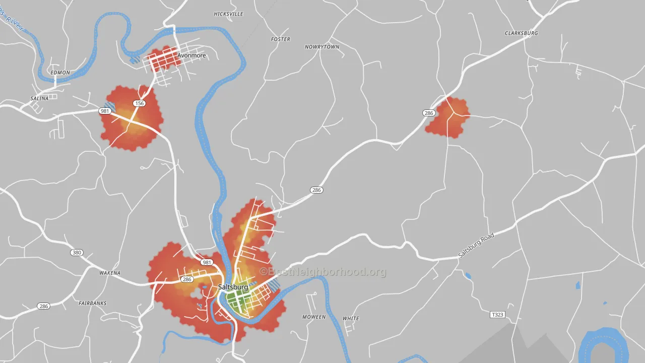Walk Grade map of Jericho, PA, walkable areas in green and car-dependent areas in red