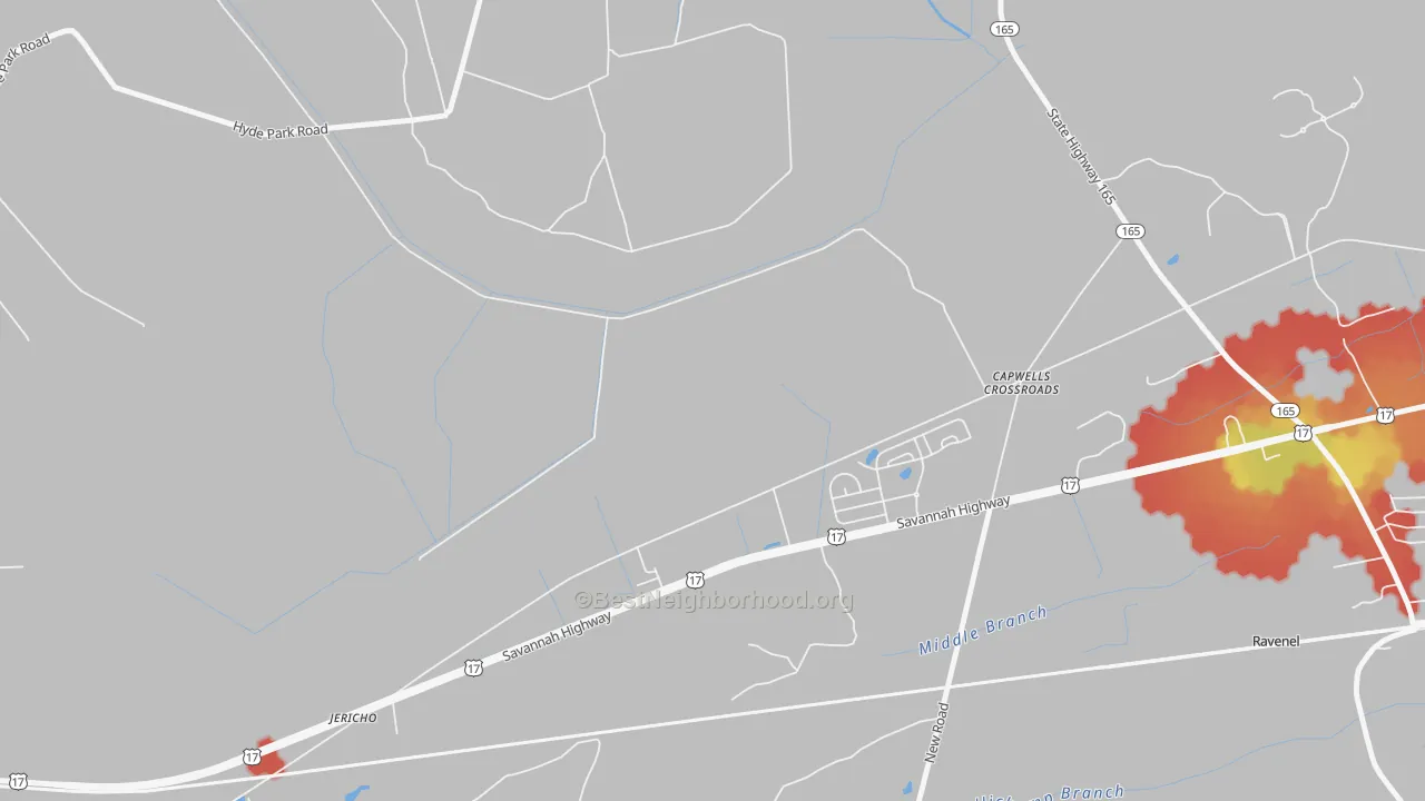Walk Grade map of Jericho, SC, walkable areas in green and car-dependent areas in red