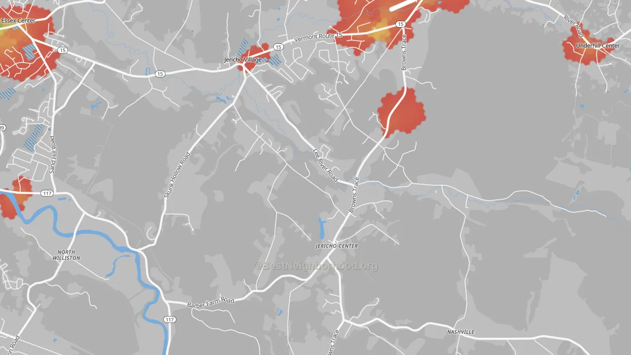 Walk Grade map of Jericho, VT, walkable areas in green and car-dependent areas in red