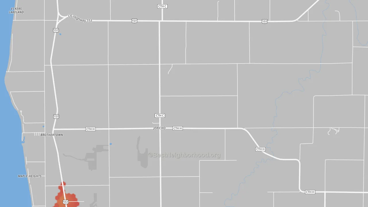 Walk Grade map of Jericho, WI, walkable areas in green and car-dependent areas in red