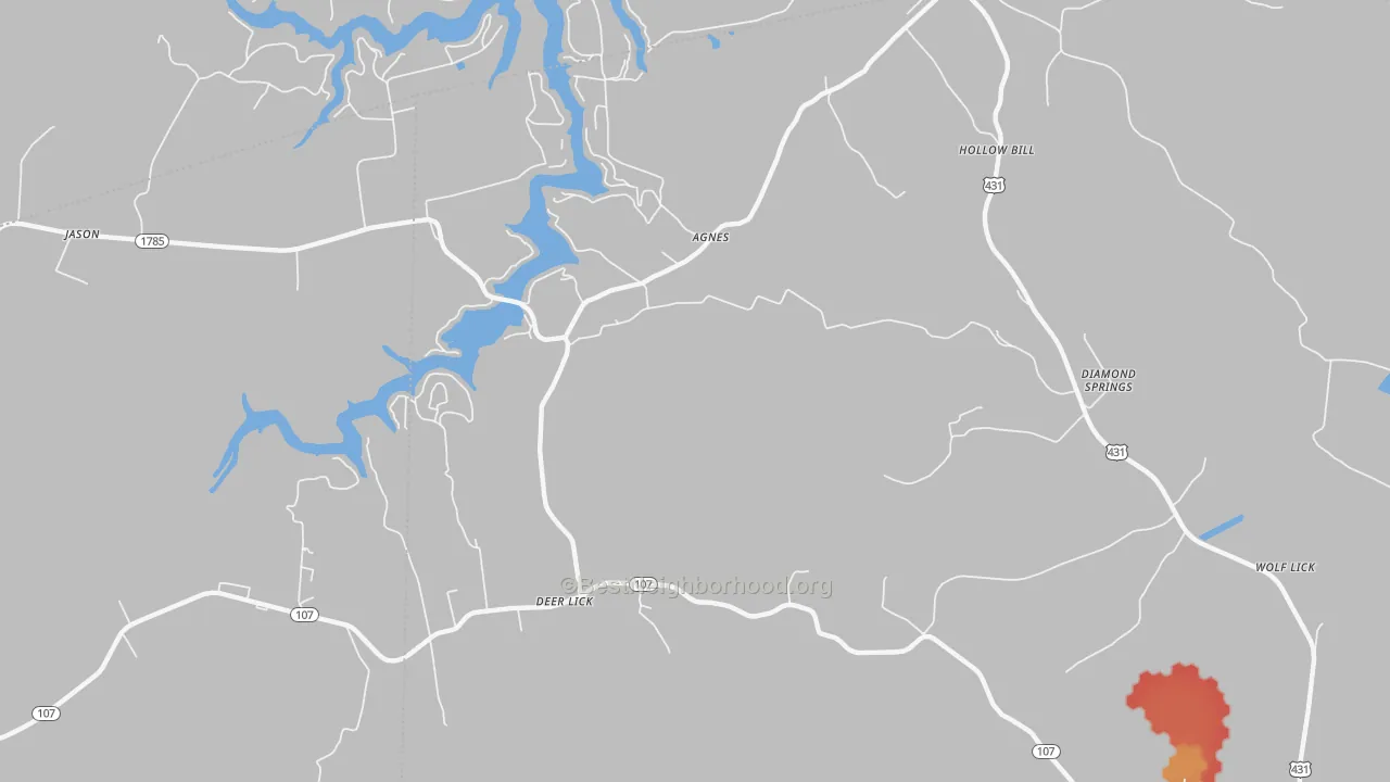 Walk Grade map of Jerico, KY, walkable areas in green and car-dependent areas in red