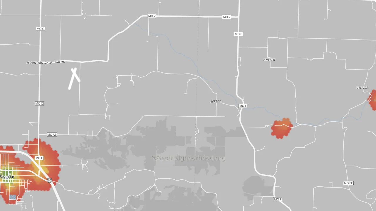 Walk Grade map of Jerico, MO, walkable areas in green and car-dependent areas in red