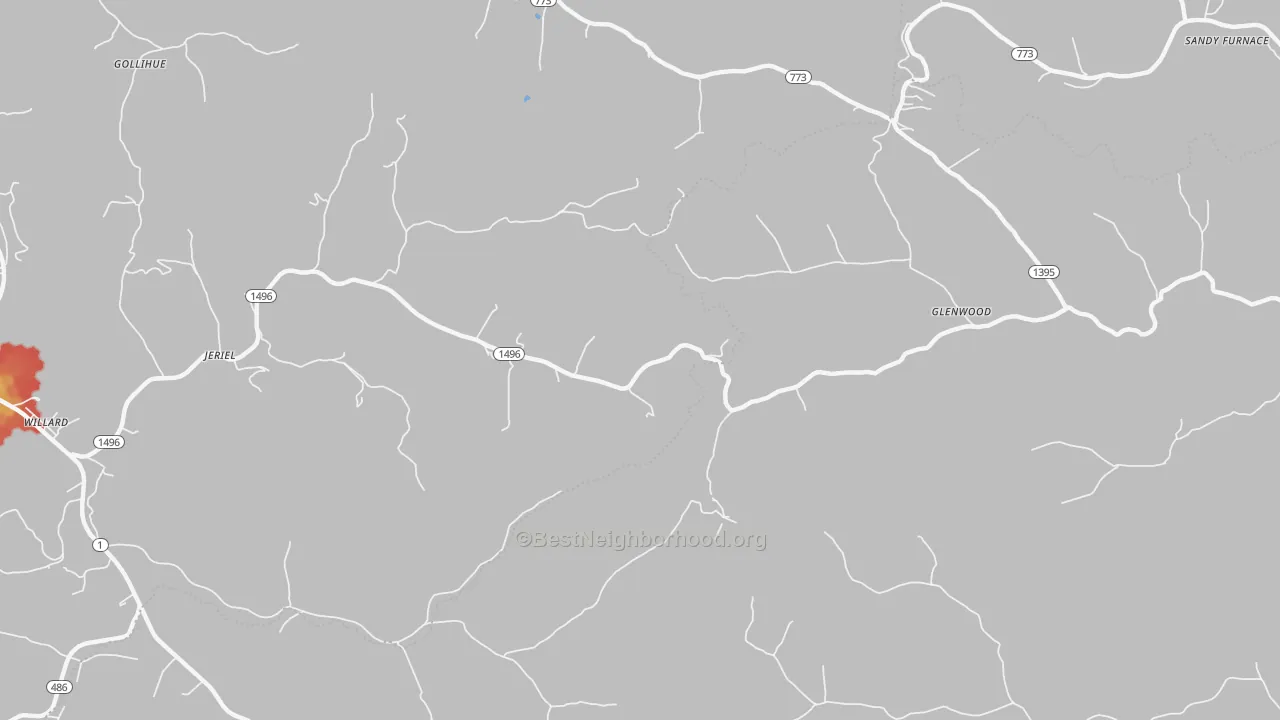 Walk Grade map of Jeriel, KY, walkable areas in green and car-dependent areas in red