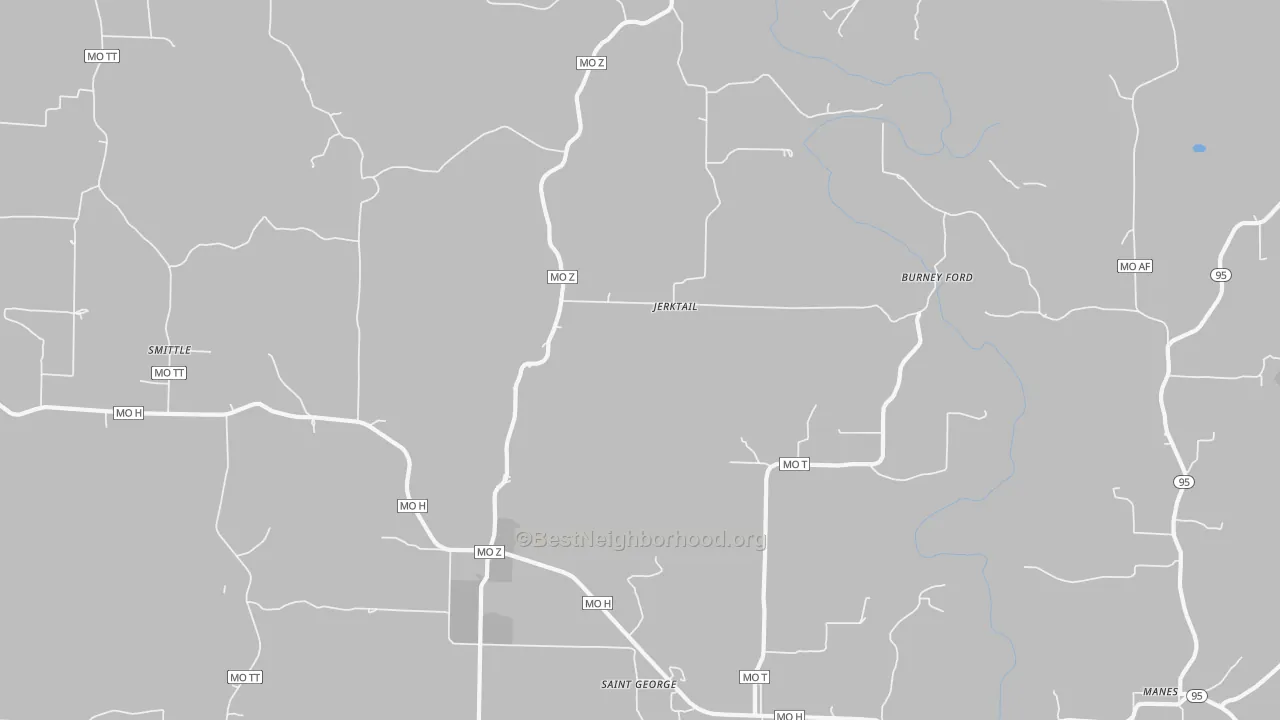 Walk Grade map of Jerktail, MO, walkable areas in green and car-dependent areas in red