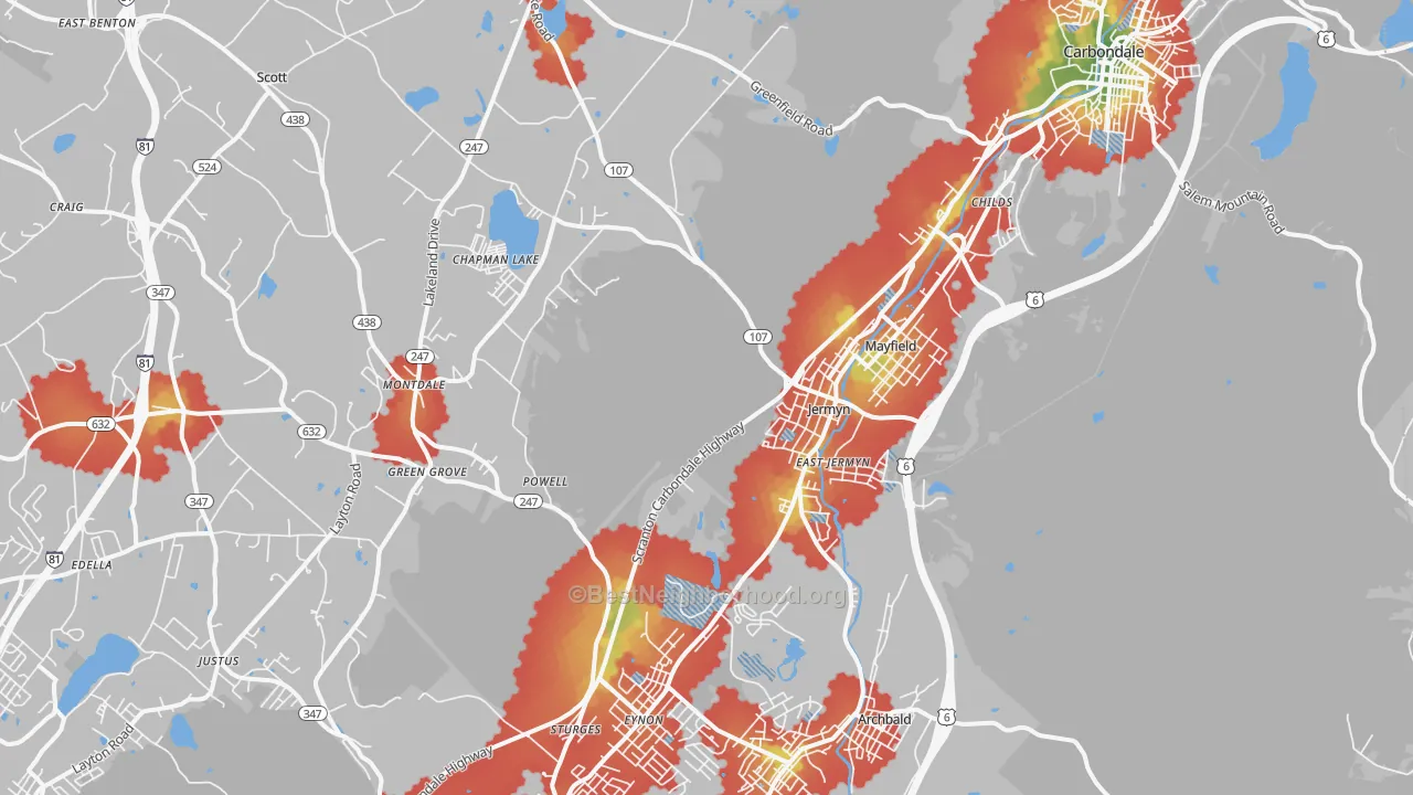 Walk Grade map of Jermyn, PA, walkable areas in green and car-dependent areas in red