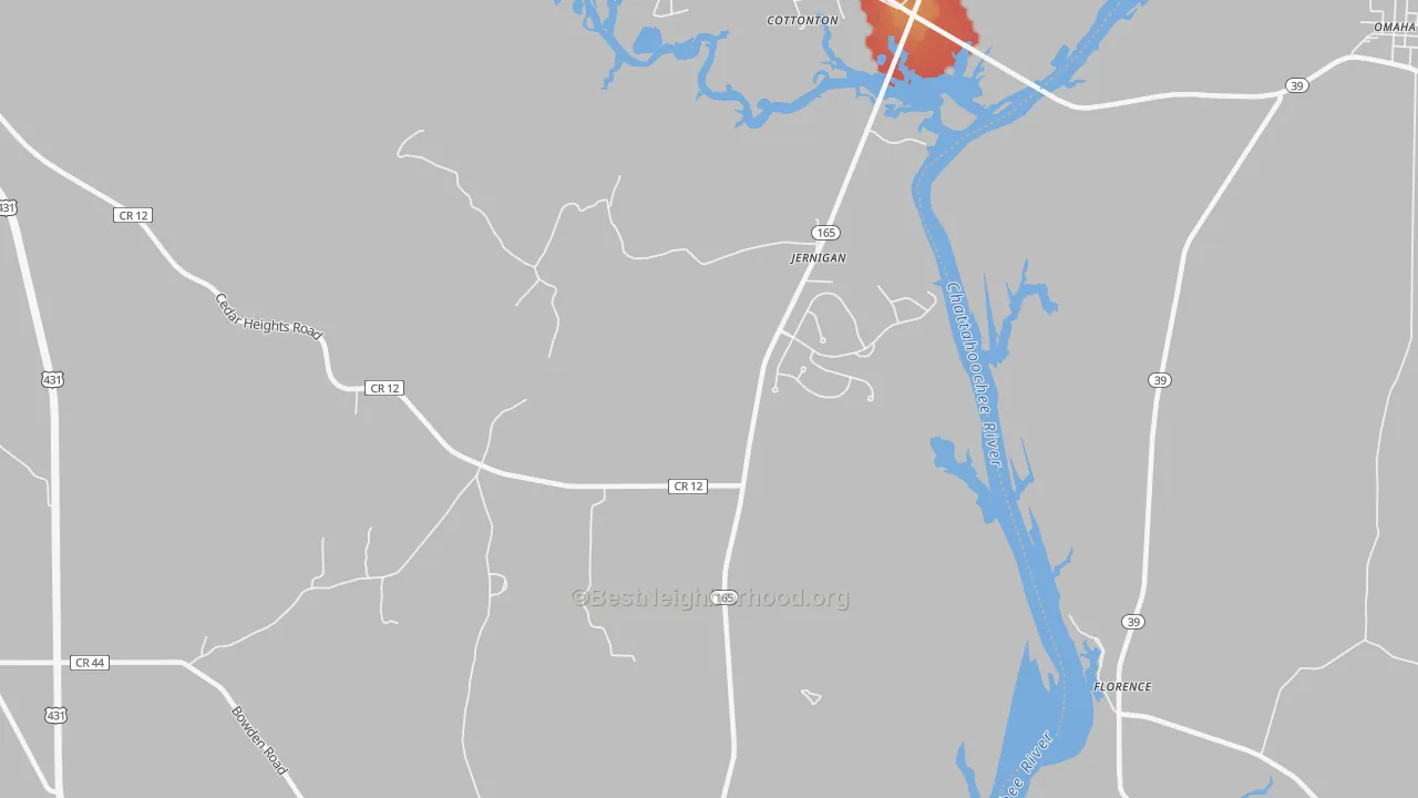 Walk Grade map of Jernigan, AL, walkable areas in green and car-dependent areas in red