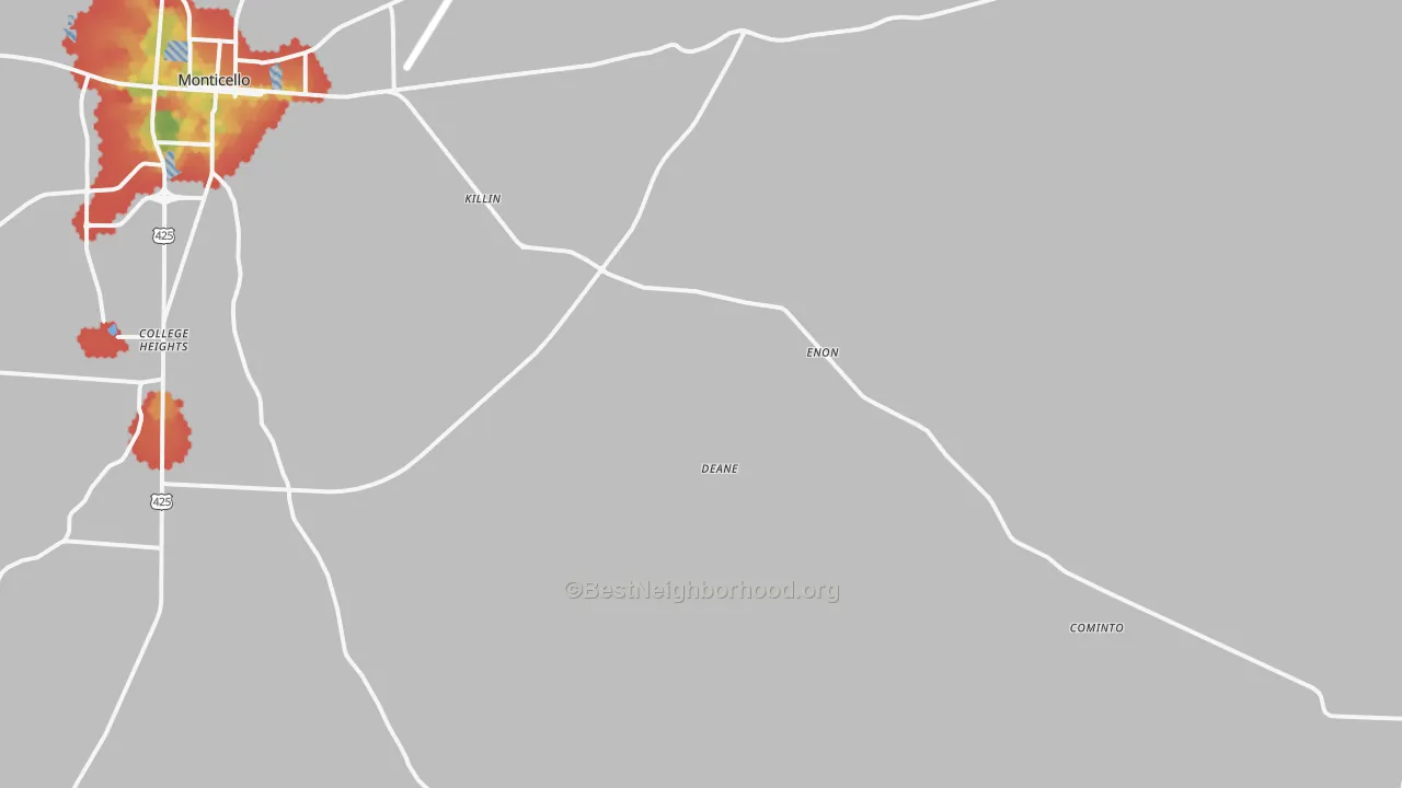 Walk Grade map of Jerome, AR, walkable areas in green and car-dependent areas in red