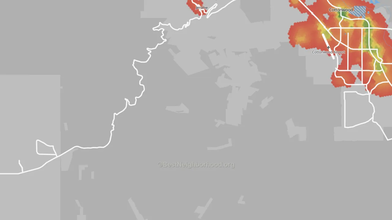 Walk Grade map of Jerome, AZ, walkable areas in green and car-dependent areas in red