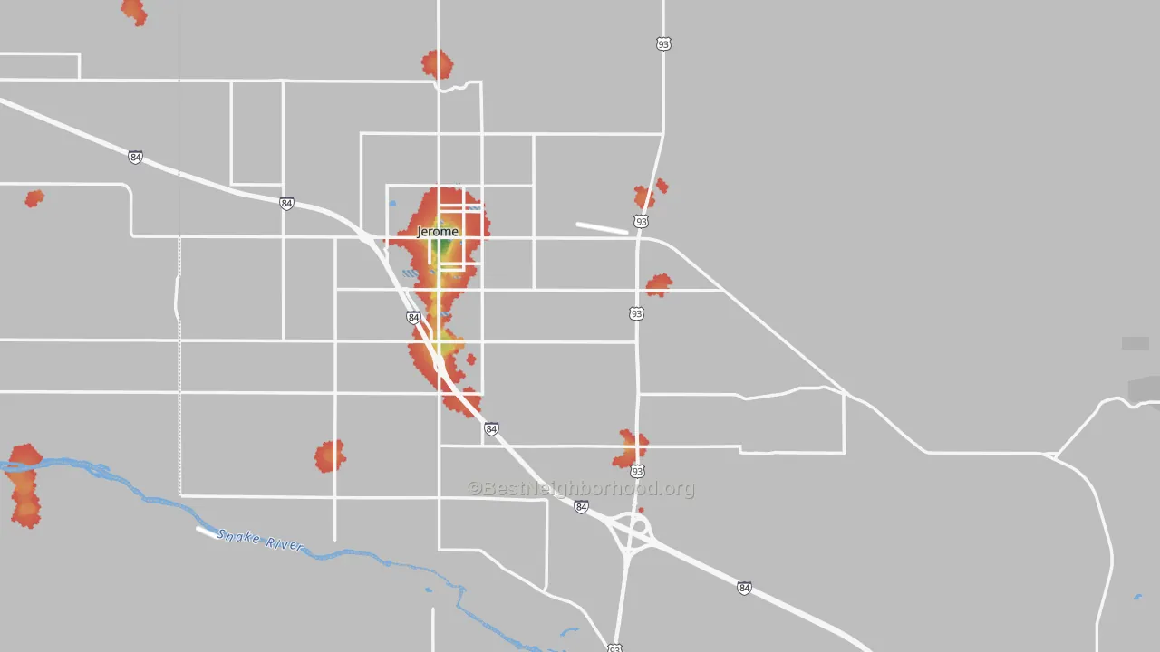 Walk Grade map of Jerome County, ID, walkable areas in green and car-dependent areas in red
