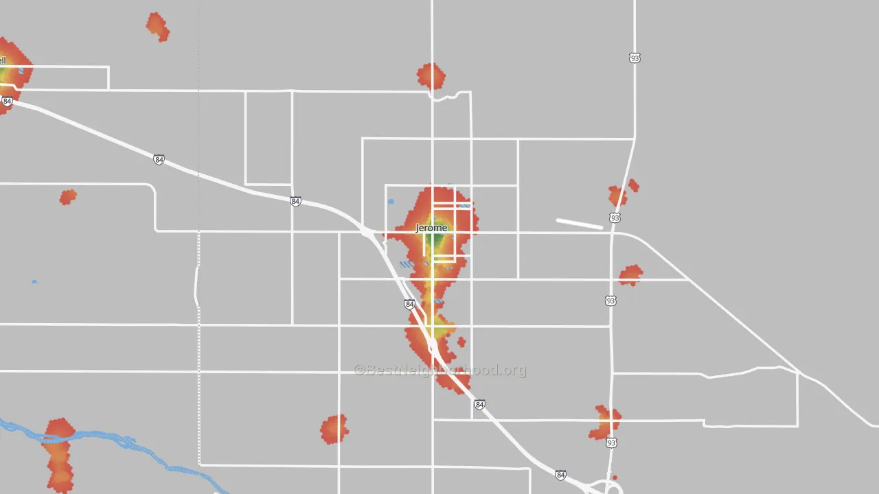 Walk Grade map of Jerome, ID, walkable areas in green and car-dependent areas in red