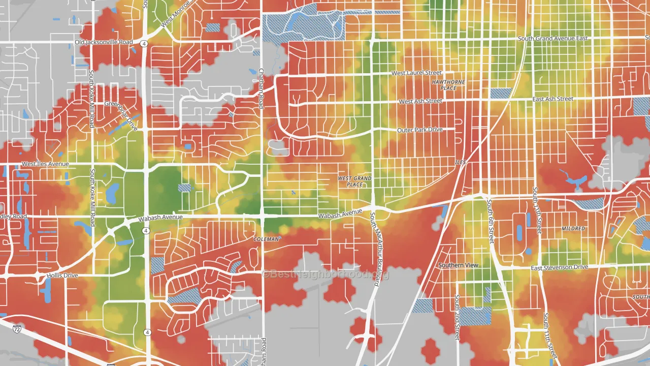 Walk Grade map of Jerome, IL, walkable areas in green and car-dependent areas in red