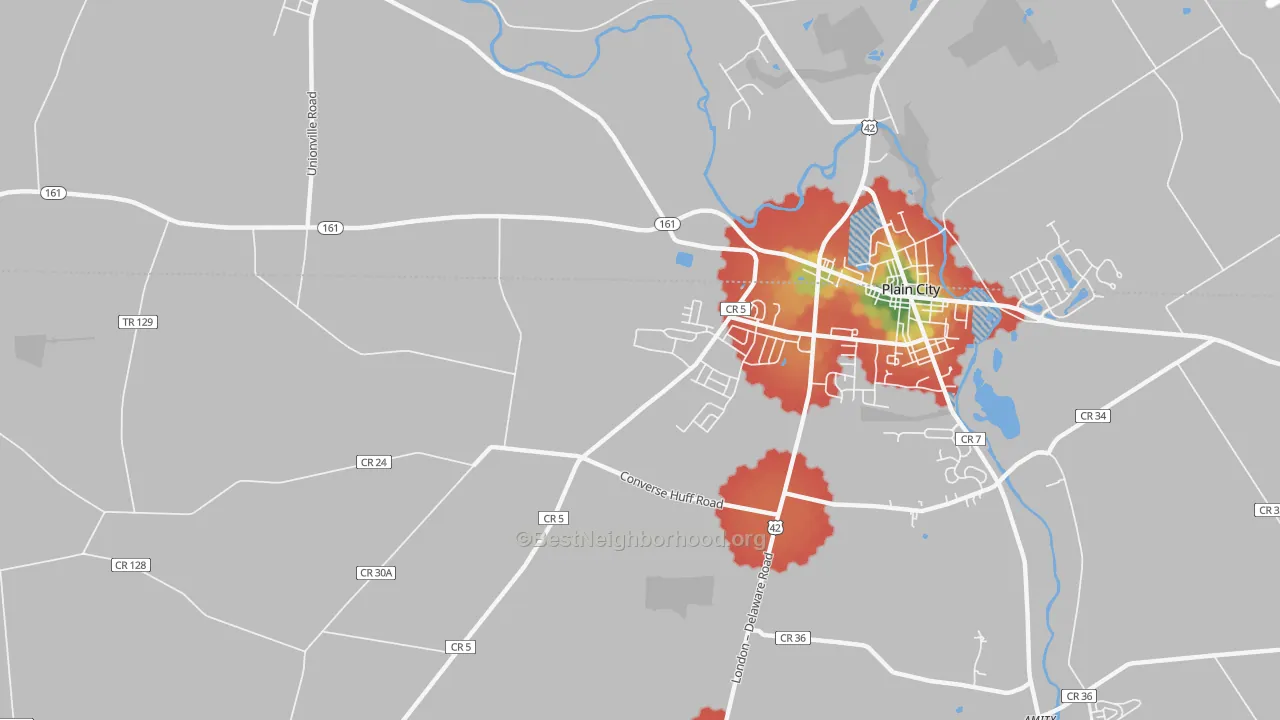 Walk Grade map of Jerome, OH, walkable areas in green and car-dependent areas in red